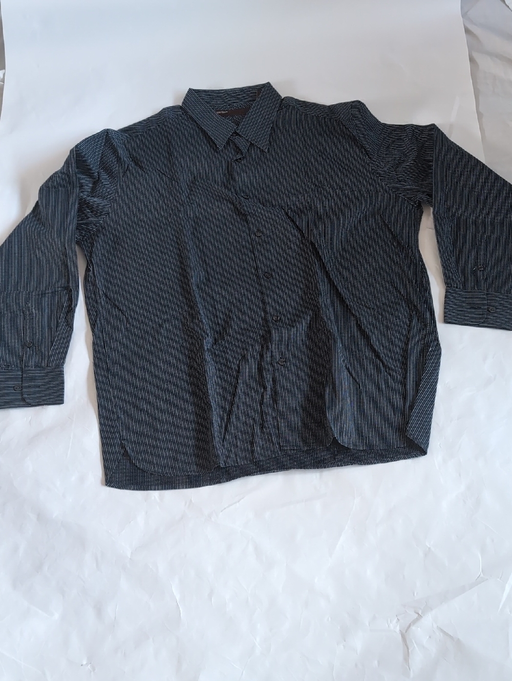 Perry Ellis Navy Blue Cotton Pinstripe Long Sleeve Dress Shirt-XL